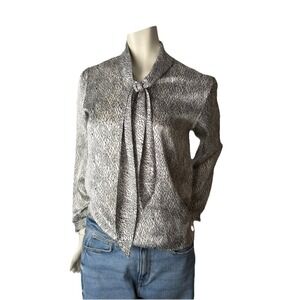 Vintage Koret Bow Tie‎ Blouse White Black Abstract Print Long Sleeve Size 10